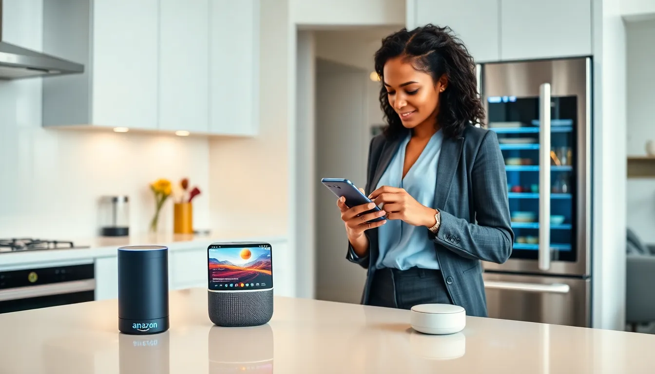 modern kitchen with smart home devices and a woman using her smartphone.