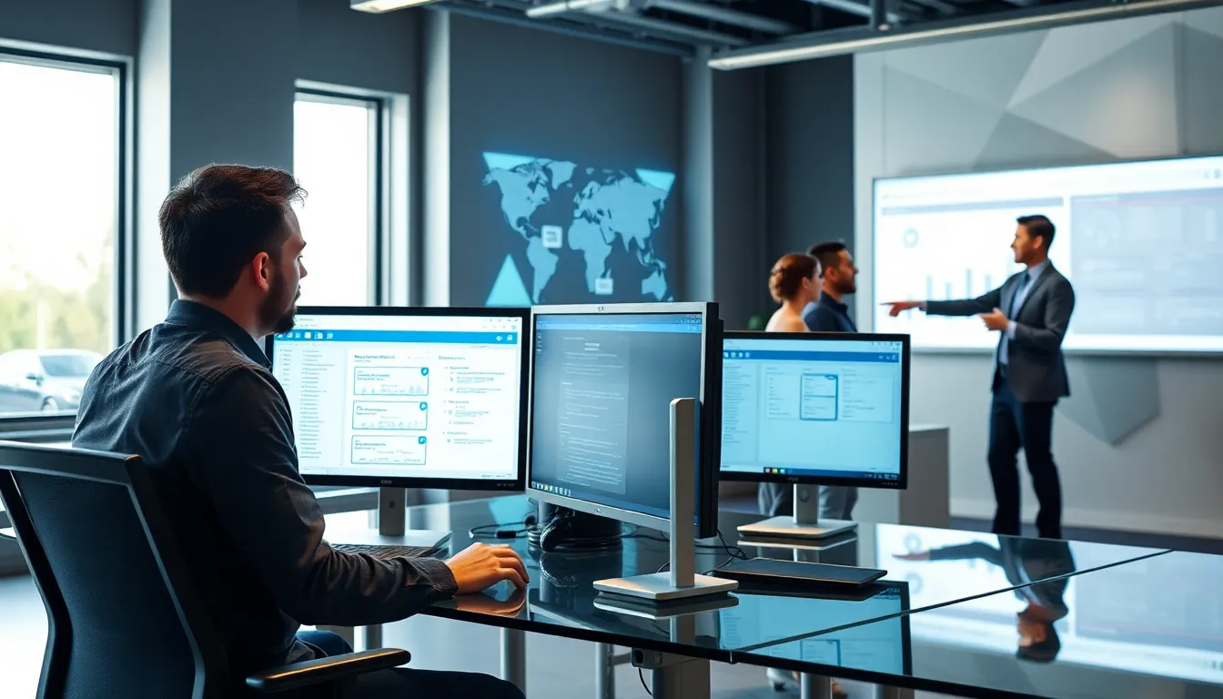 IT professionals collaborating on virtualization technology in a modern office.