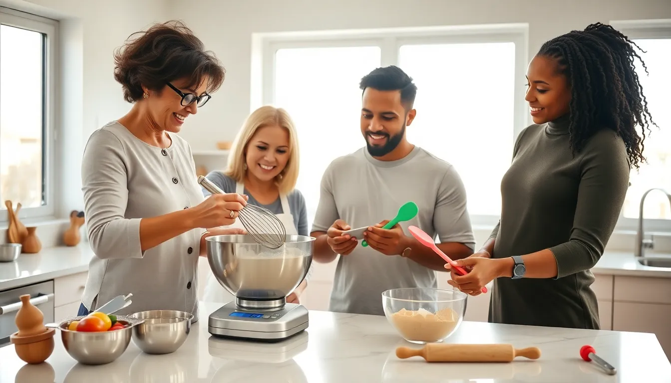 three bakers using modern gadgets in a bright kitchen.