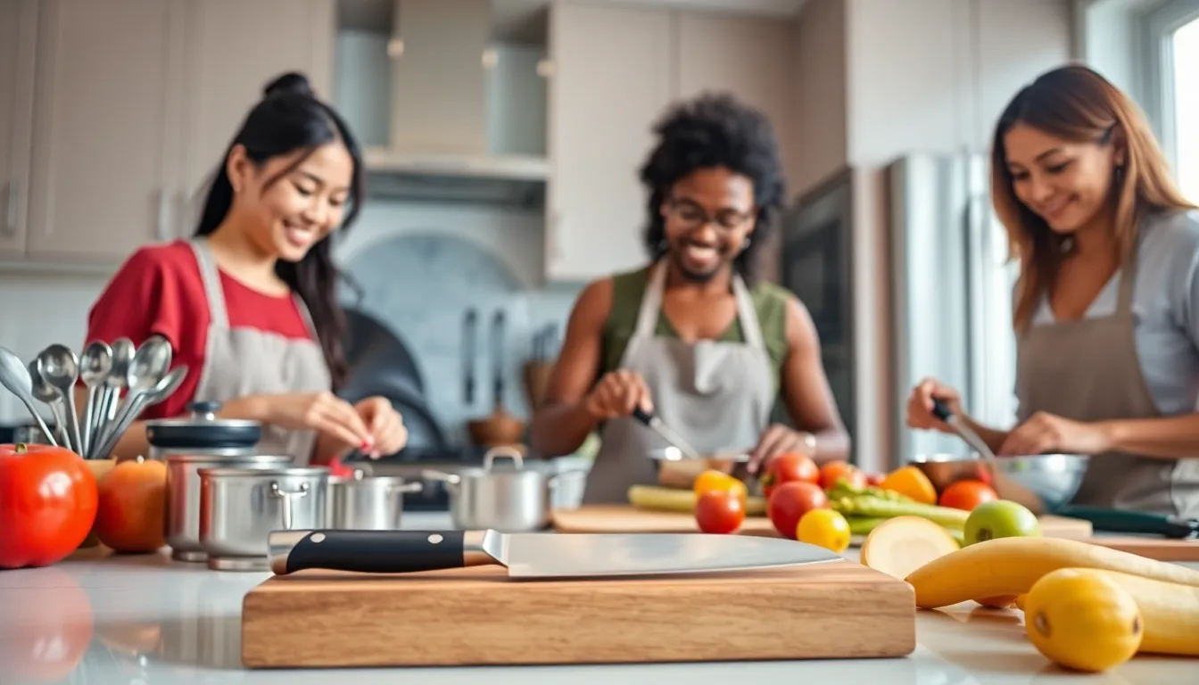 diverse group of cooks in a modern kitchen with essential utensils.