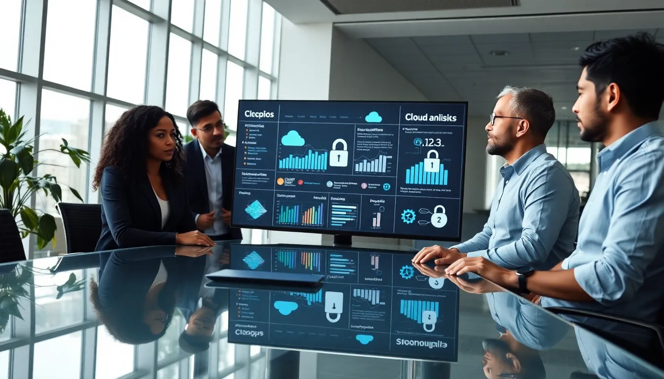 IT team discussing cloud security risks in a modern office.