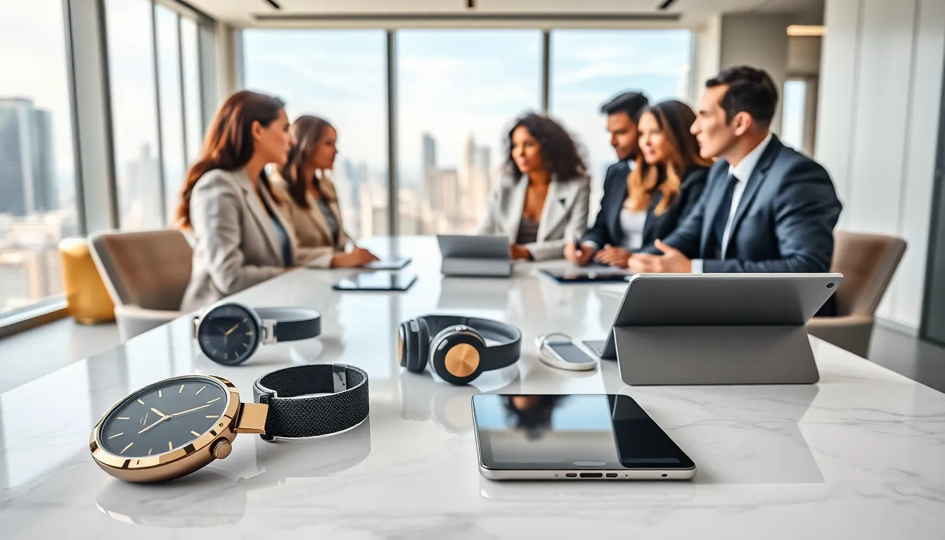 modern office showcasing luxury tech gadgets with professionals collaborating.
