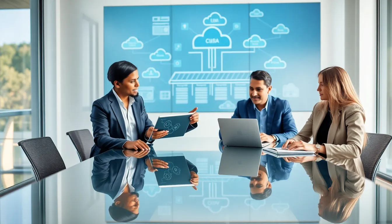 cloud computing consultant advising a diverse team around a conference table.