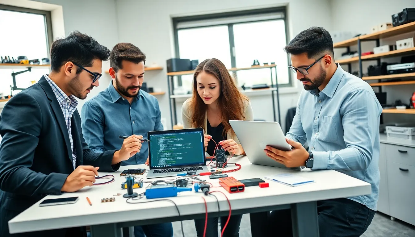 professionals collaborating on gadget building in a modern workshop.